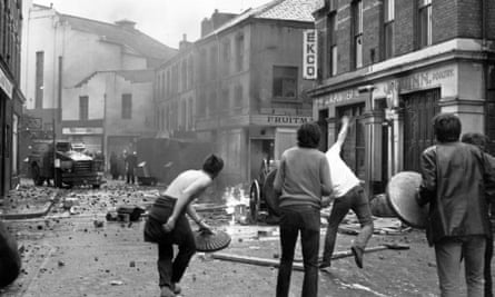 Derry youths throw petrol bombs at the RUC during the Battle of the Bogside in August 1969.