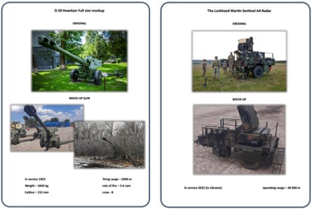 Handouts showing mock-ups of a howitzer and a radar.