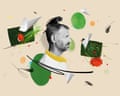 An illustration with patches of grass and red roses around a side profile cutout photograph of Tim Dowling, with a background of different coloured circles and pen strokes
