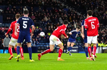 Kieran Tierney scores Scotland’s third goal against Denmark