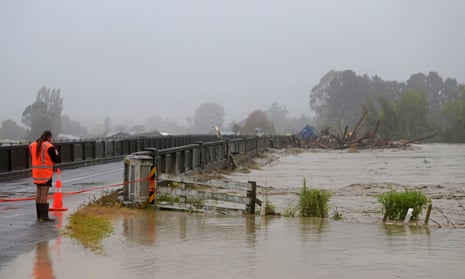 Redcliffe Bridge is closed off as debris piles up along the Tūtaekurī River in Napier.