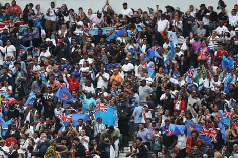 Fiji fans celebrate during the Summer International match between England and Fiji at Twickenham Stadium.