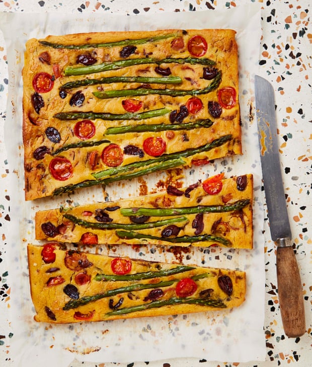 Meera Sodha’s farinata with balsamic onions and asparagus.