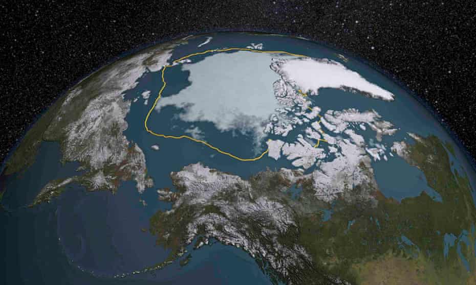 The 2015 Arctic sea ice summertime minimum (699,000 square miles below the 1981-2010 average) is seen in a NASA visual representation of satellite data.