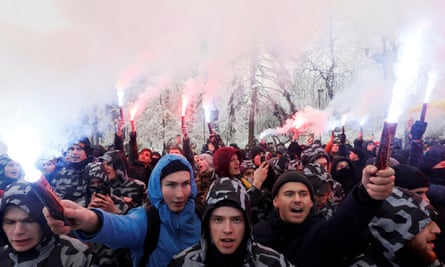 Far-right activists protest in front of the presidential administration headquarters in Kiev on Monday