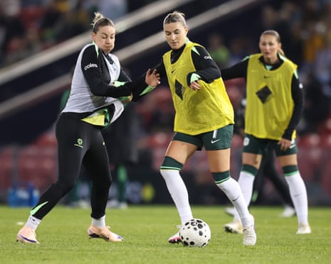 Steph Catley warms up before the Matildas face Mexico at McDonald Jones Stadium