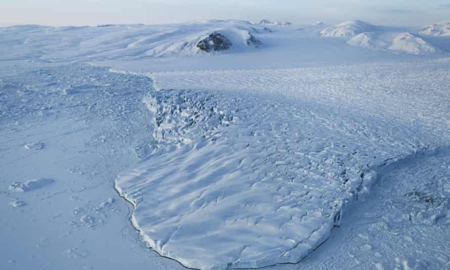 A glacier is seen from Nasa's Operation IceBridge research aircraft above Ellesmere Island, Canada.