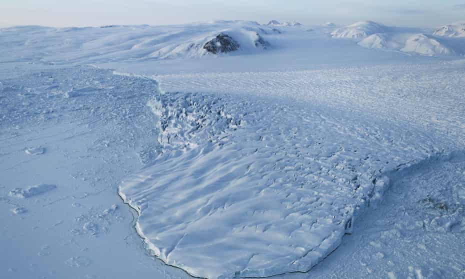 A glacier is seen from Nasa’s Operation IceBridge research aircraft above Ellesmere Island, Canada.