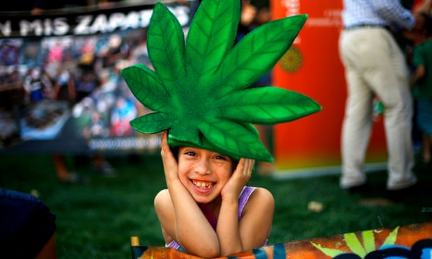 A child wearing a marijuana leaf hat poses during a rally in support of cultivation of cannabis for medicinal purposes in Santiago in March.