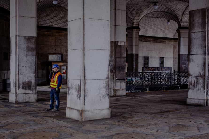 A lone construction worker in the financial district of New York, New York on 29 March 2020