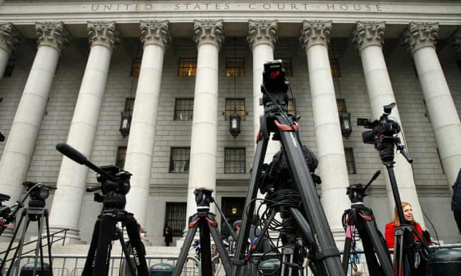 Media sets up in front of the courthouse amid the Ghislaine Maxwell trial on Monday.