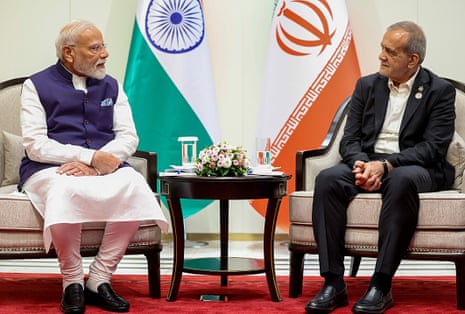 Indian prime minister, Narendra Modi (L), meets Iranian president, Masoud Pezeshkian, on sidelines of the SCO Summit in Bishkek, Kyrgyzstan.