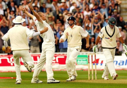 Andrew Flintoff celebrating dismissing Ricky Ponting for a duck at Edgbaston in 2005