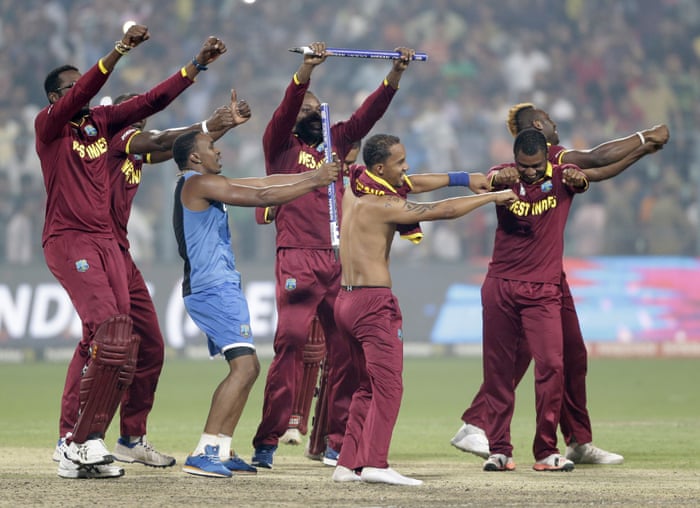 West Indies players perform a victory dance after their win over England.