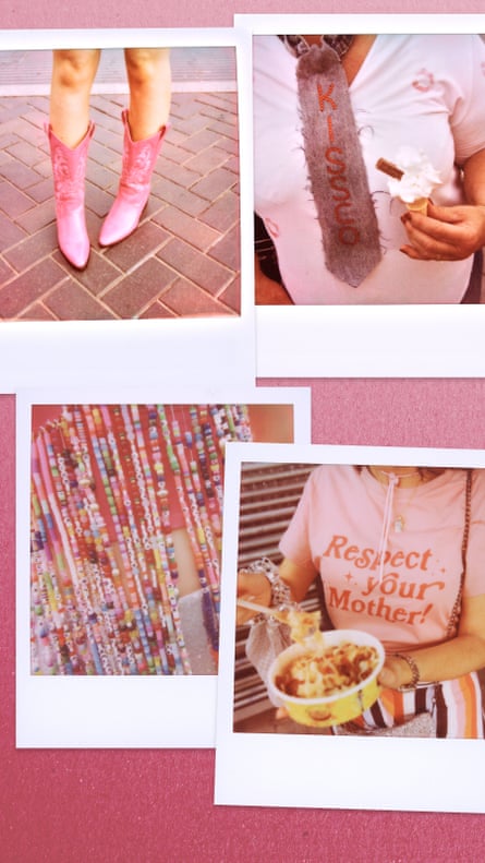 A collage of Polaroid-style photographs against a pink background. One image shows bright pink cowboy boots on a paved surface. Another captures a person wearing a white top adorned with a fuzzy necktie embroidered with the name “K. Connor” while holding an ice cream cone. A third photograph shows colourful beaded bracelets hanging in rows, while a fourth depicts a person wearing a pink T-shirt reading “Respect Your Mother!”