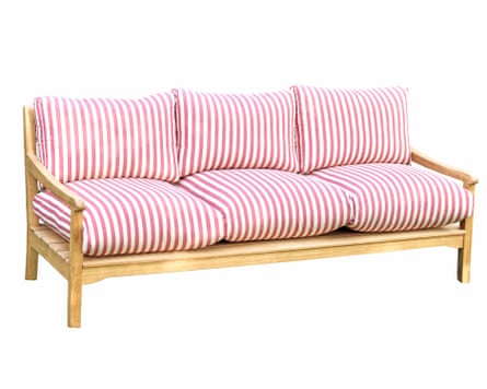 A wooden three-seater sofa. The cushions are red and white striped. There are three base cushions and three back-rest cushions.