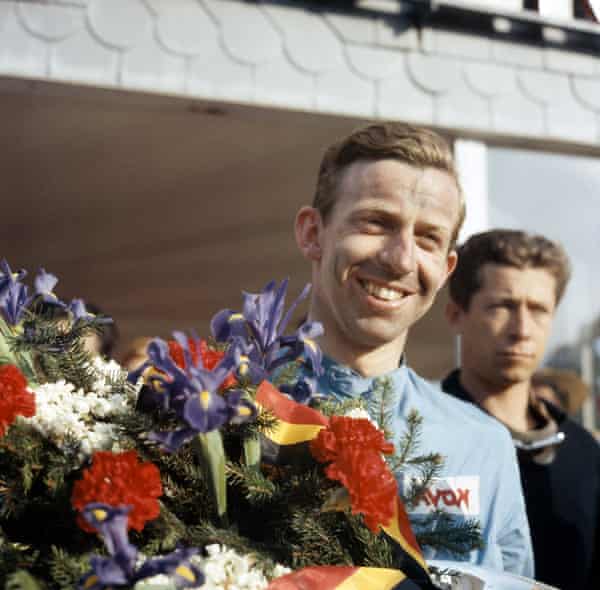 Tony Brooks after winning the Belgian Grand Prix at Spa-Francorchamps in 1958.