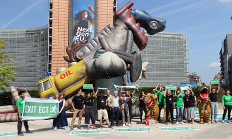 People protesting against the energy charter treaty near the European Commission in Brussels earlier this year.