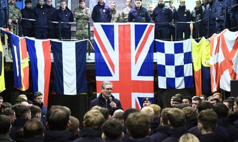 British Prime Minister Keir Starmer addresses military personnel onboard HMS Iron Duke on December 17 in Tallinn, Estonia, on the sidelines of the Joint Expeditionary Force (JEF) Leader’s Summit. He is paying official visits to NATO member countries Norway and Estonia to discuss climate, energy and defence cooperation.