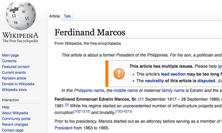 The heavily disputed Wikipedia page of Ferdinand Marcos.