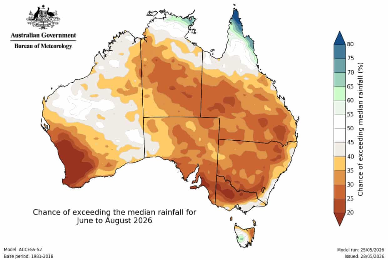 A map showing areas in brown that are expected to get below average precipitation between June and August 2026
