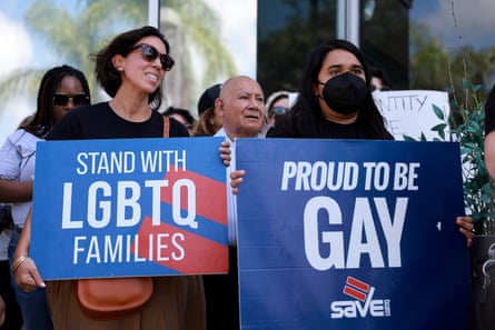 People protest in front of Florida state senator Ileana Garcia’s office over the ‘don’t say gay’ bill in Miami on 9 March.