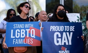 Anasofia Pelaez and Kimberly Blandon (L-R) protest in front of Florida State Senator Ileana Garcia’s (R-FL) office the passage of the Parental Rights in Education bill, dubbed the “Don’t Say Gay” bill by LGBTQ activists on March 09, 2022 in Miami, Florida. The bill passed by the Florida Senate and House would limit what classrooms can teach about sexual orientation and gender identity.