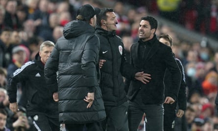 Jürgen Klopp and Mikel Arteta had to be kept apart on the touchline in a flashpoint that seemed to energise the home players and crowd.