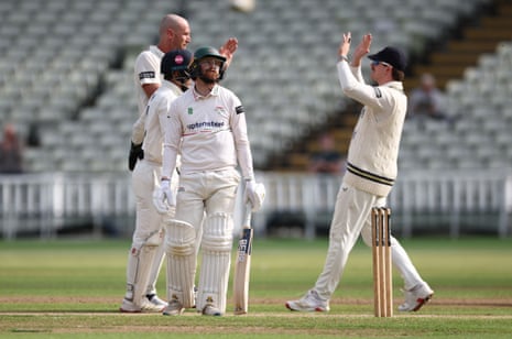 Leicestershire's Johnny Tattersall is LBW to Warwickshire's Olly Hannon-Dalby.