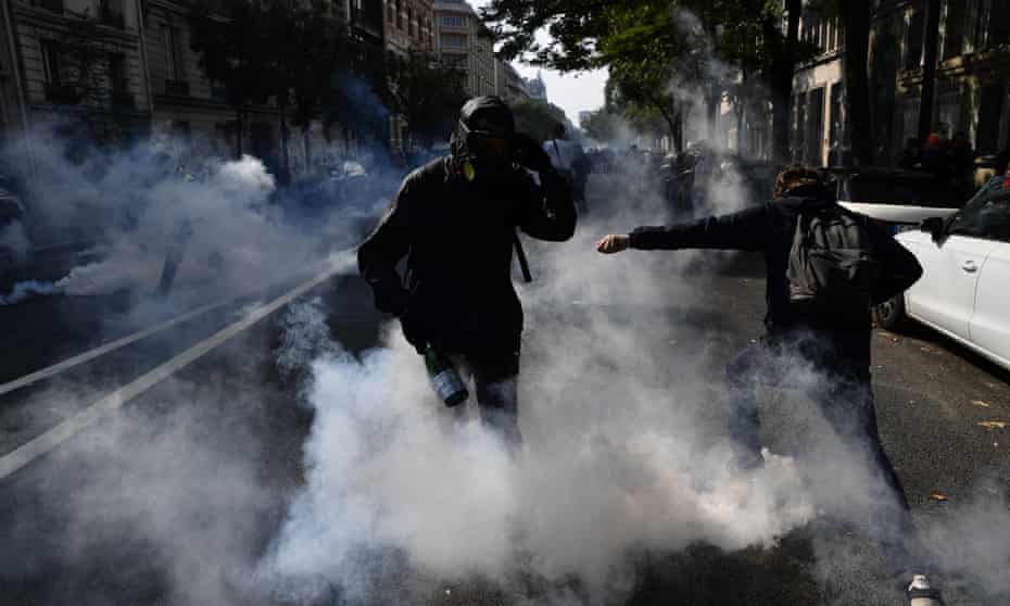 French police uses teargas during a demonstration called by the gilet jaunes.