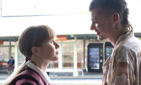 Eliza Scanlen and Toby Wallace at a Sydney train station in a scene from Babyteeth