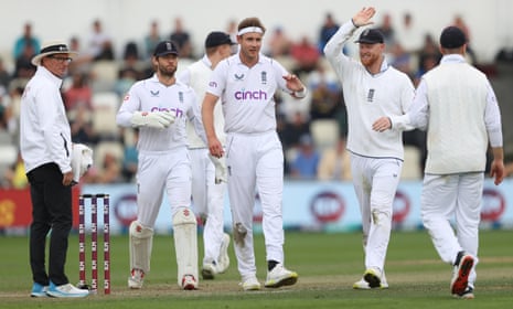 Stuart Broad celebrates his wicket of Tom Blundell during day three.