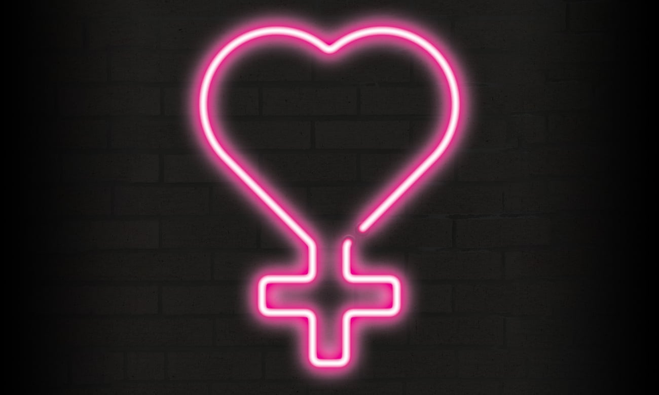 An artist's rendering of a neon sign amalgamating a love heart and the symbol for womanhood