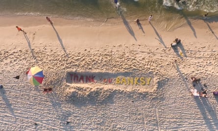 Artists in Gaza carved the words ‘Thank you Banksy’ in sand.