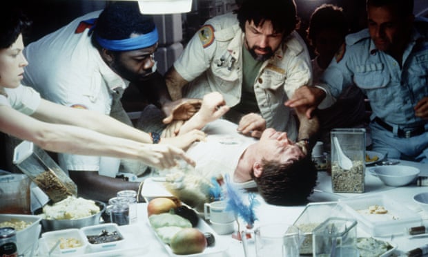The alien foetus erupts from the stomach of Kane, played by John Hurt, in Alien.