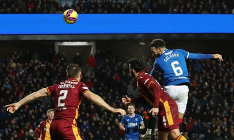Connor Goldson heads Rangers second goal against Motherwell. 