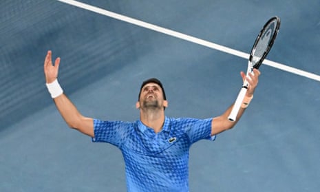 Novak Djokovic celebrates winning his 10th Australian open title after defeating Stefanos Tsitsipas in straight sets.