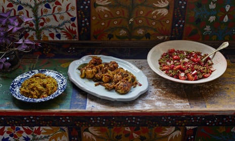 Smoky roasted aubergines, chicken drumsticks with dried fenugreek leaves, and mung dal salad.