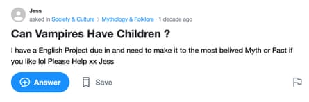 A screengrab from a Yahoo! Answers page asking: Can Vampires Have Children?