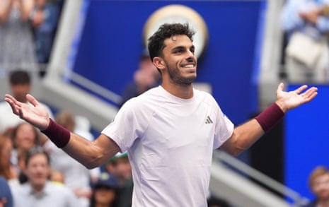 Argentina's Francisco Cerundolo reacts after his win against Taylor Fritz.