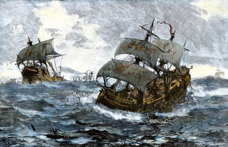 Painting showing the retreat of the Spanish Armada from England in stormy seas, 1588.