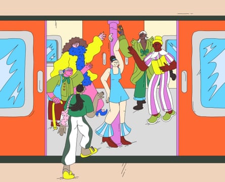 An illustration showing a woman in a short blue dress leaning her whole body on a pole on the train while surrounded by commuters.