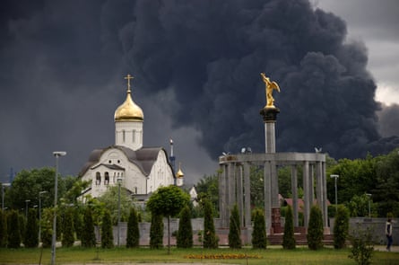 Smoke rises from an oil refinery after a Ukrainian drone attack in Moscow, 18 June 2026.