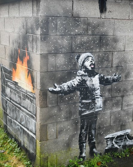 The Banksy work Season’s Greetings appeared on the wall of a garage in Port Talbot in 2018
