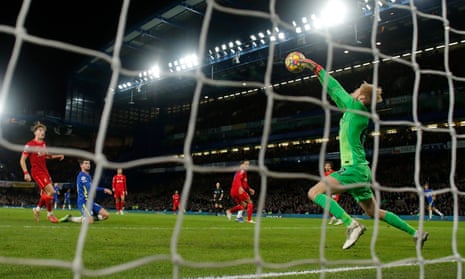 Chelsea v Liverpool Premier LeagueKelleher saves a shot from Pulisic in the 2nd half during the Premier League match between Chelsea and Liverpool at Stamford Bridge on January 2nd 2022 in London (Photo by Tom Jenkins)