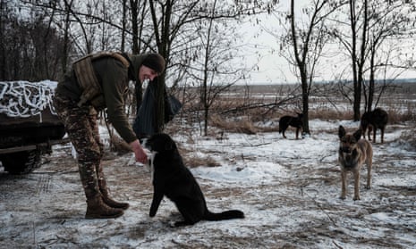 A Ukrainian serviceman of the artillery unit plays with a stray dog near Bakhmut.