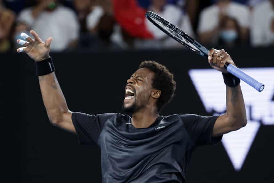 Gael Monfils of France reacts during his comeback charge.
