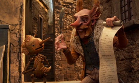 Pinocchio (voiced by Gregory Mann) and Count Volpe (Christoph Waltz) in Guillermo del Toro’s Netflix version of Pinocchio.