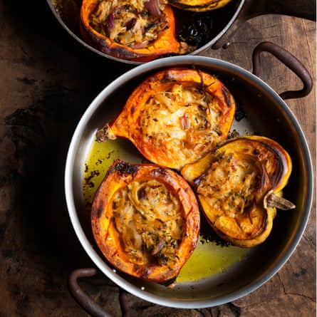 Stuffed squash with gruyere and sauerkraut.
