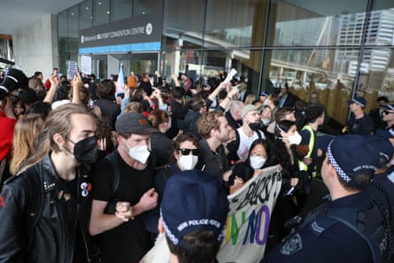 Protests against CPAC outside the International Convention Centre in Sydney.
